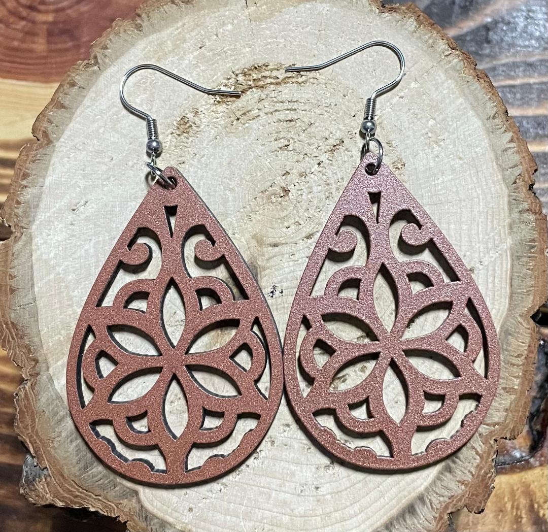NEW Carved Wooden Large Mandala Cutout Teardrop Earrings