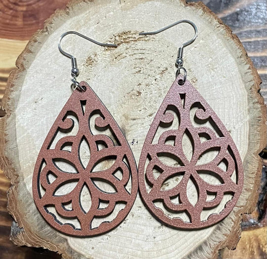 NEW Carved Wooden Large Mandala Cutout Teardrop Earrings