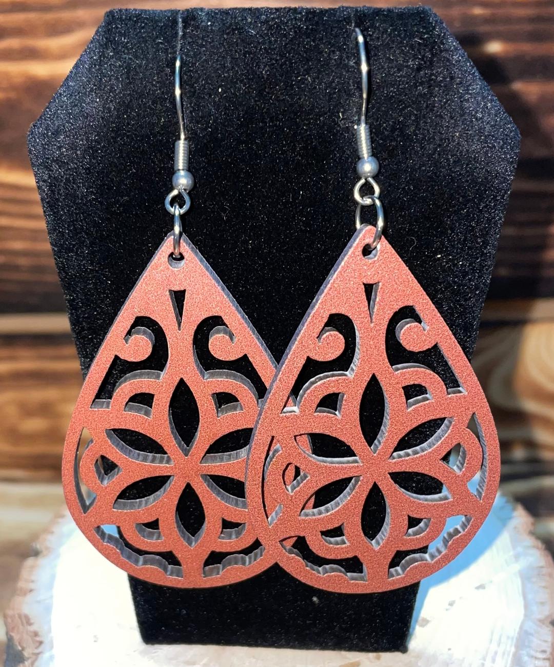 NEW Carved Wooden Large Mandala Cutout Teardrop Earrings