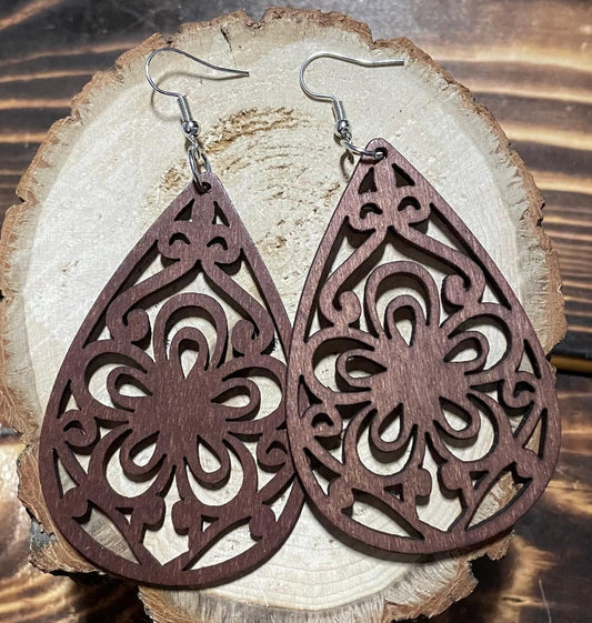 NEW Carved Wooden Large Ornate Flower Cutout Teardrop Earrings