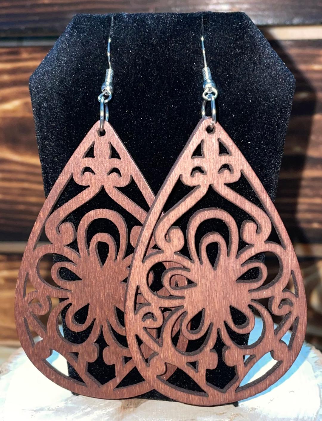 NEW Carved Wooden Large Ornate Flower Cutout Teardrop Earrings
