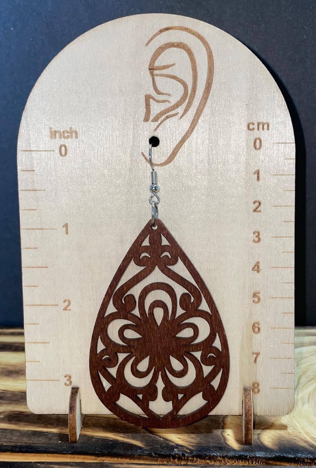 NEW Carved Wooden Large Ornate Flower Cutout Teardrop Earrings