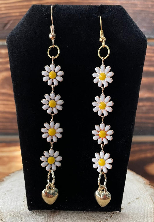 NEW Hippie Boho Daisies & Heart Dangling Drop Earrings