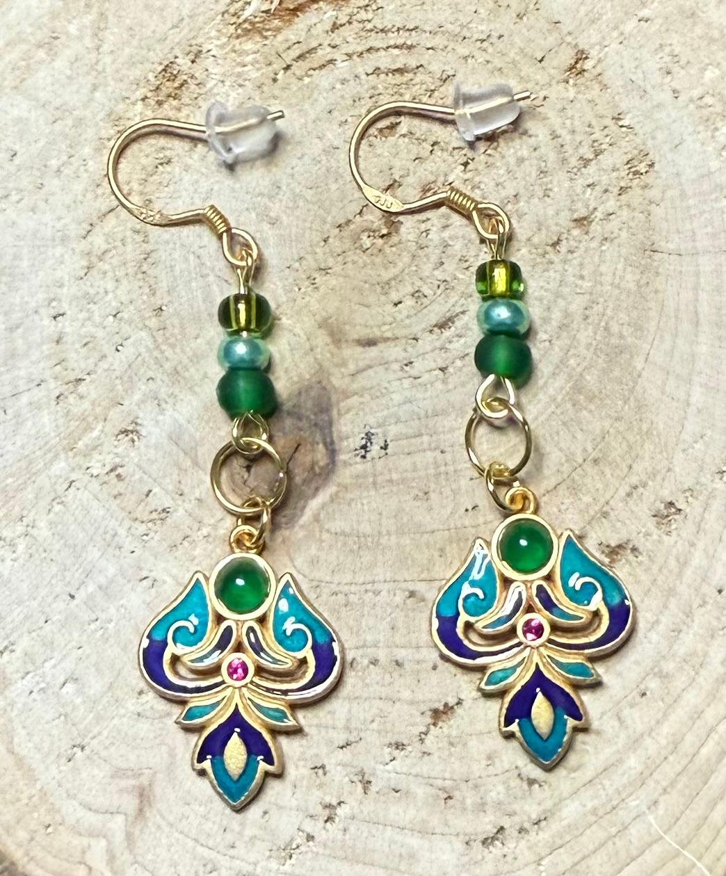 NEW Turkish Inspired 24K Gold Plated Multicolor Drop Cloisonné Earrings