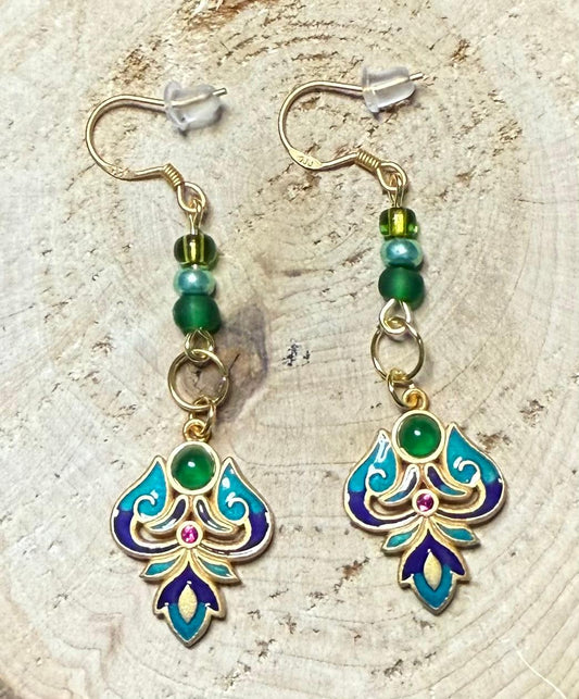 NEW Turkish Inspired 24K Gold Plated Multicolor Drop Cloisonné Earrings