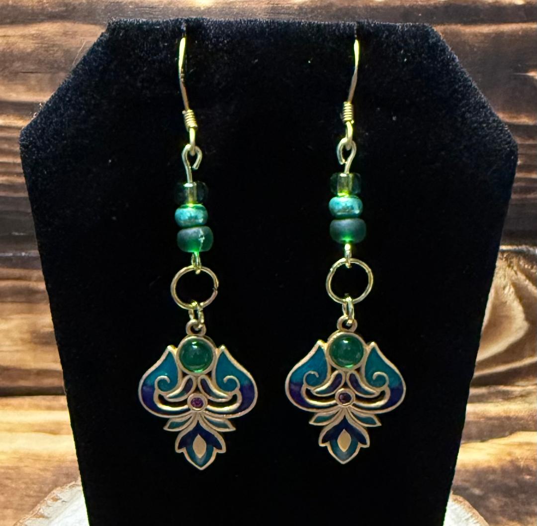 NEW Turkish Inspired 24K Gold Plated Multicolor Drop Cloisonné Earrings