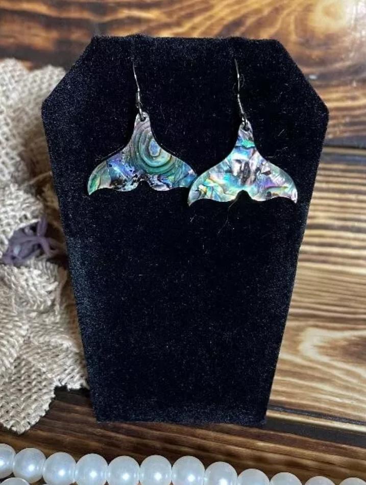 NEW Sweetest Abalone Shell Acrylic Mermaid Tail Earrings Nickel Free Dark Gray Hooks