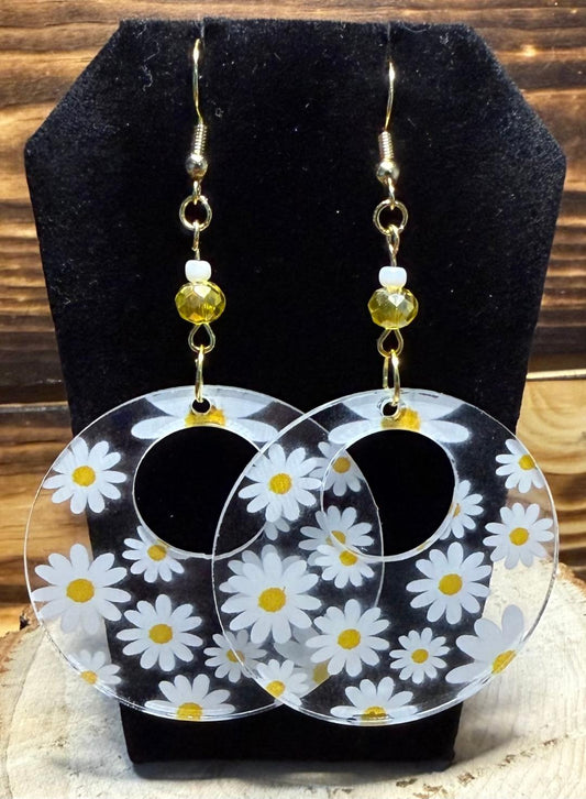 NEW Large Acrylic Daisy Hoop & Yellow Glass Bead Earrings