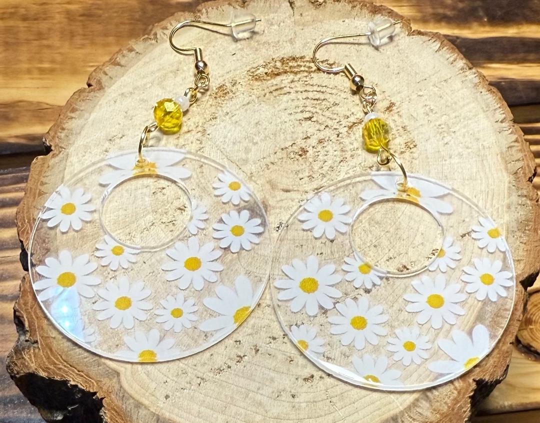 NEW Large Acrylic Daisy Hoop & Yellow Glass Bead Earrings