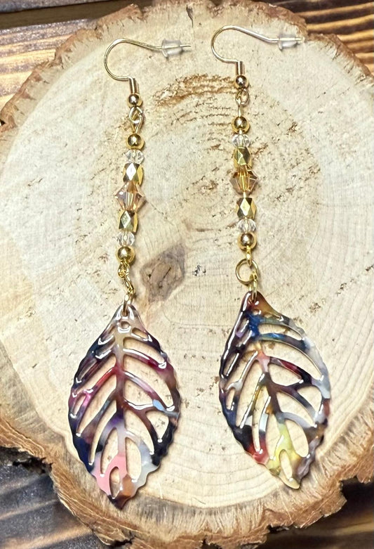 NEW Long Bohemian Acrylic Hollow Leaf & Beaded Earrings