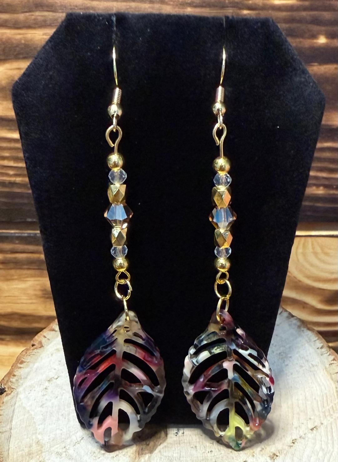 NEW Long Bohemian Acrylic Hollow Leaf & Beaded Earrings