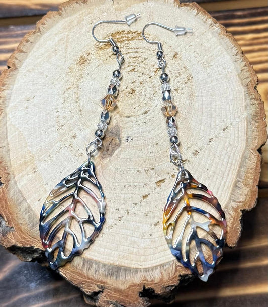 NEW Long Bohemian Acrylic Hollow Double Sided Leaf & Beaded Earrings