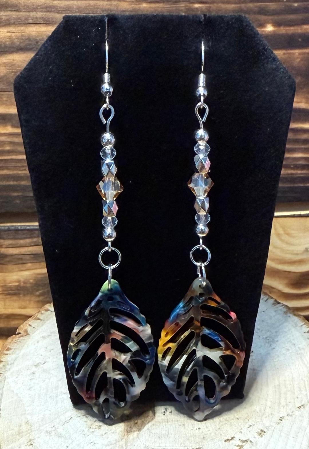 NEW Long Bohemian Acrylic Hollow Double Sided Leaf & Beaded Earrings