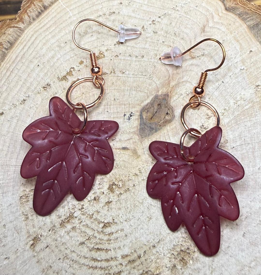 NEW Acrylic Leaf Earrings in Burgundy w/ Rose Gold Accents