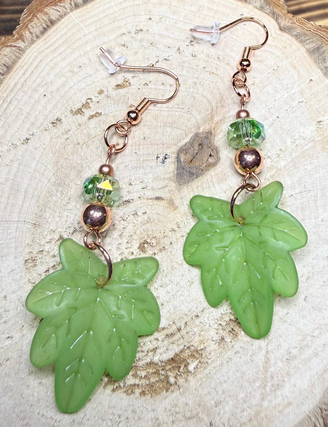 NEW Acrylic Leaf Earrings in Green w/ Glass Faceted Beads