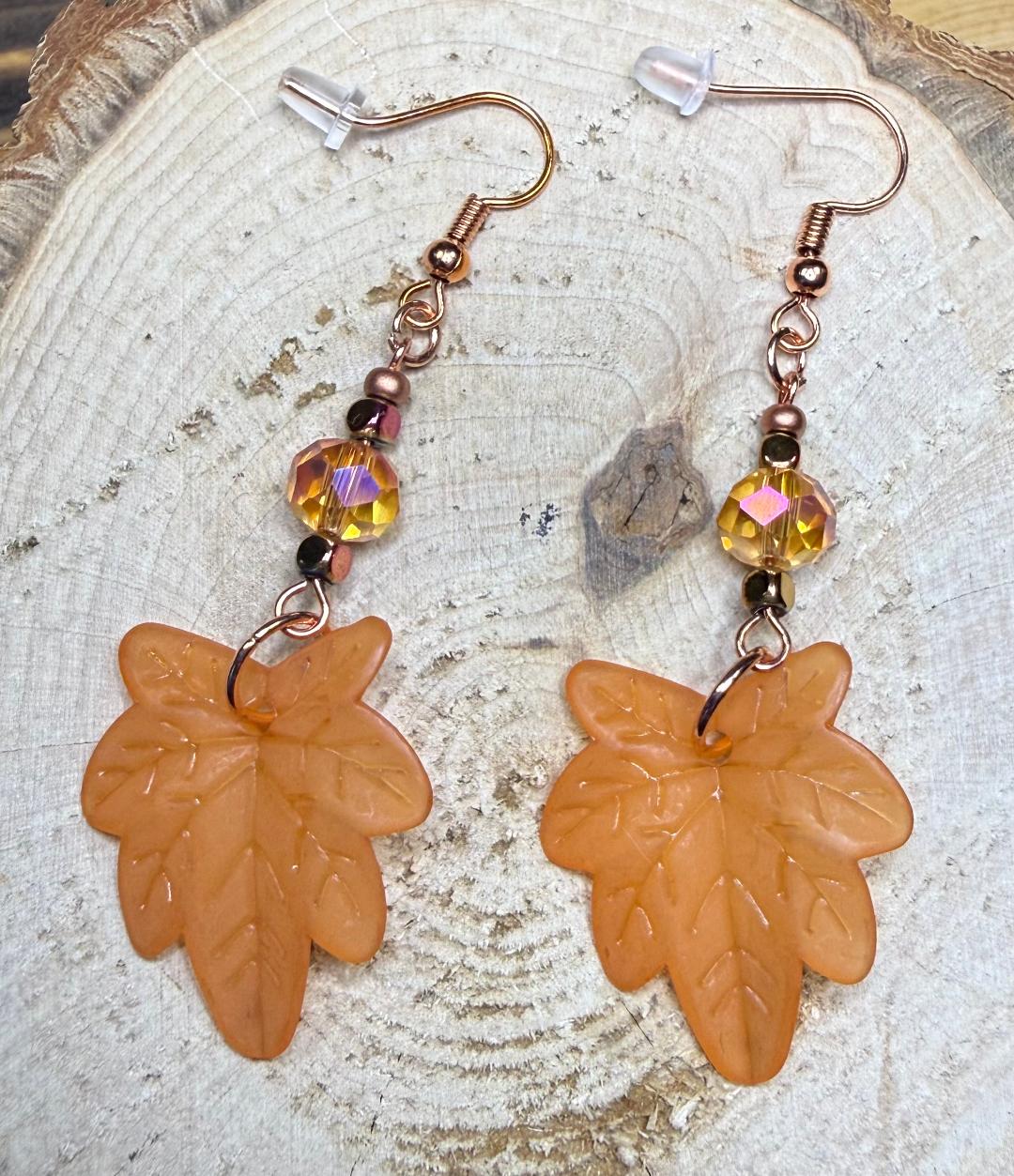 NEW Acrylic Leaf Earrings in Orange w/ Glass Amber Beads