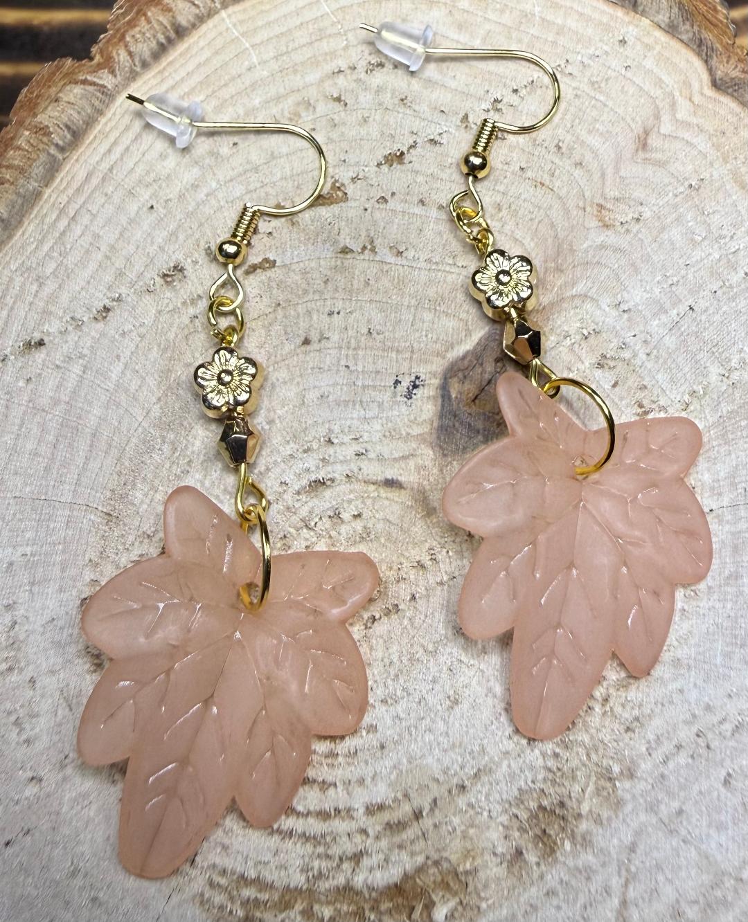 NEW Acrylic Leaf Earrings in Pink / Beige w/ Flower Goldtone Beads