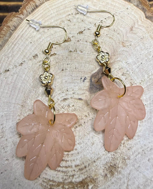 *NEW Acrylic Leaf Earrings in Pink / Beige w/ Flower Goldtone Beads