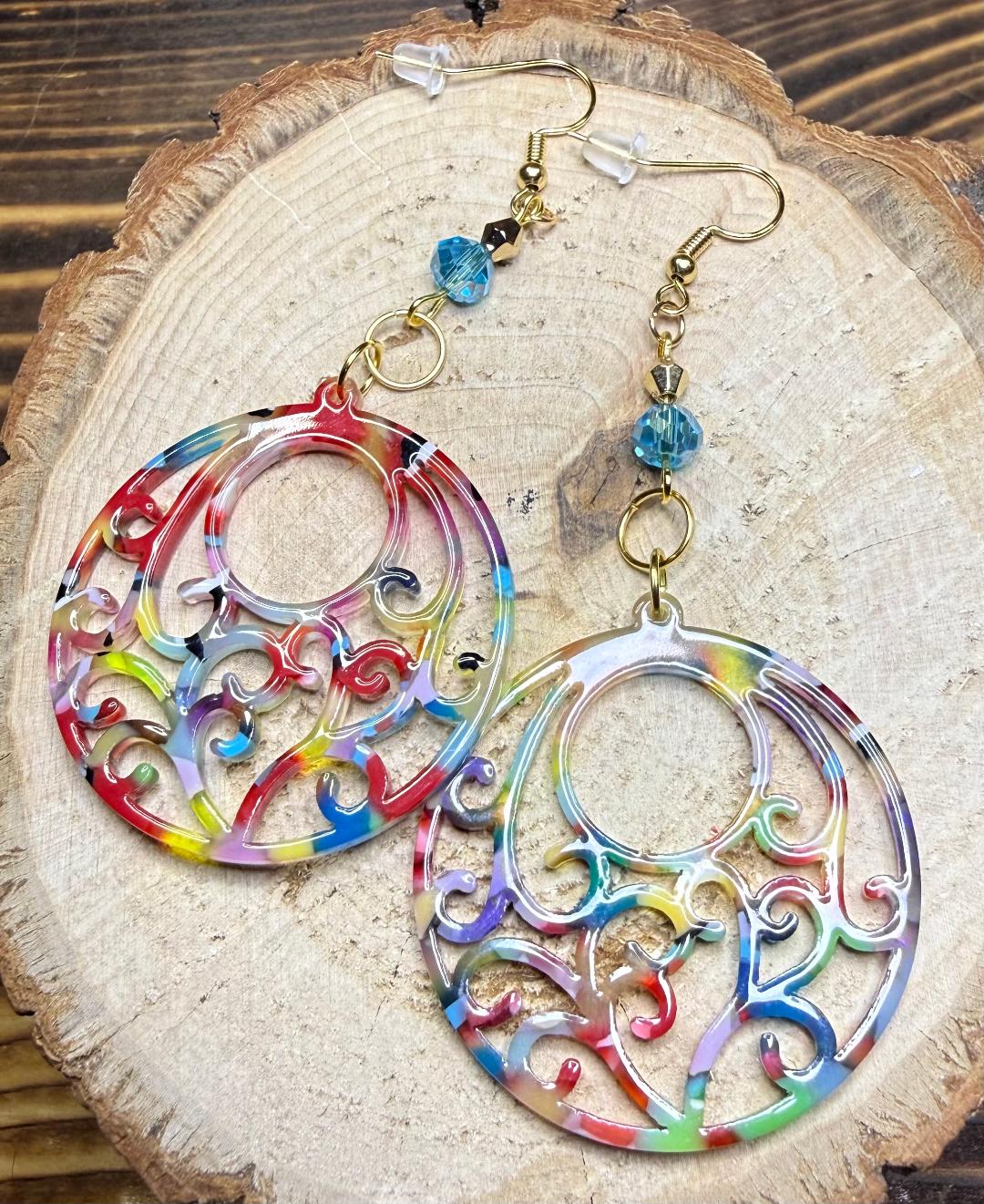 NEW Colorful Round Boho Hippie Swirl Accent Earrings w/ Glass Beads