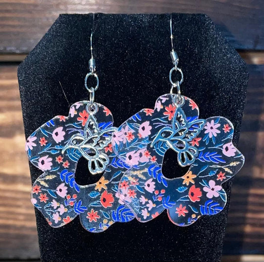 NEW Acrylic Clear Pastel Flower Earrings w/ Hummingbird Accent Charms