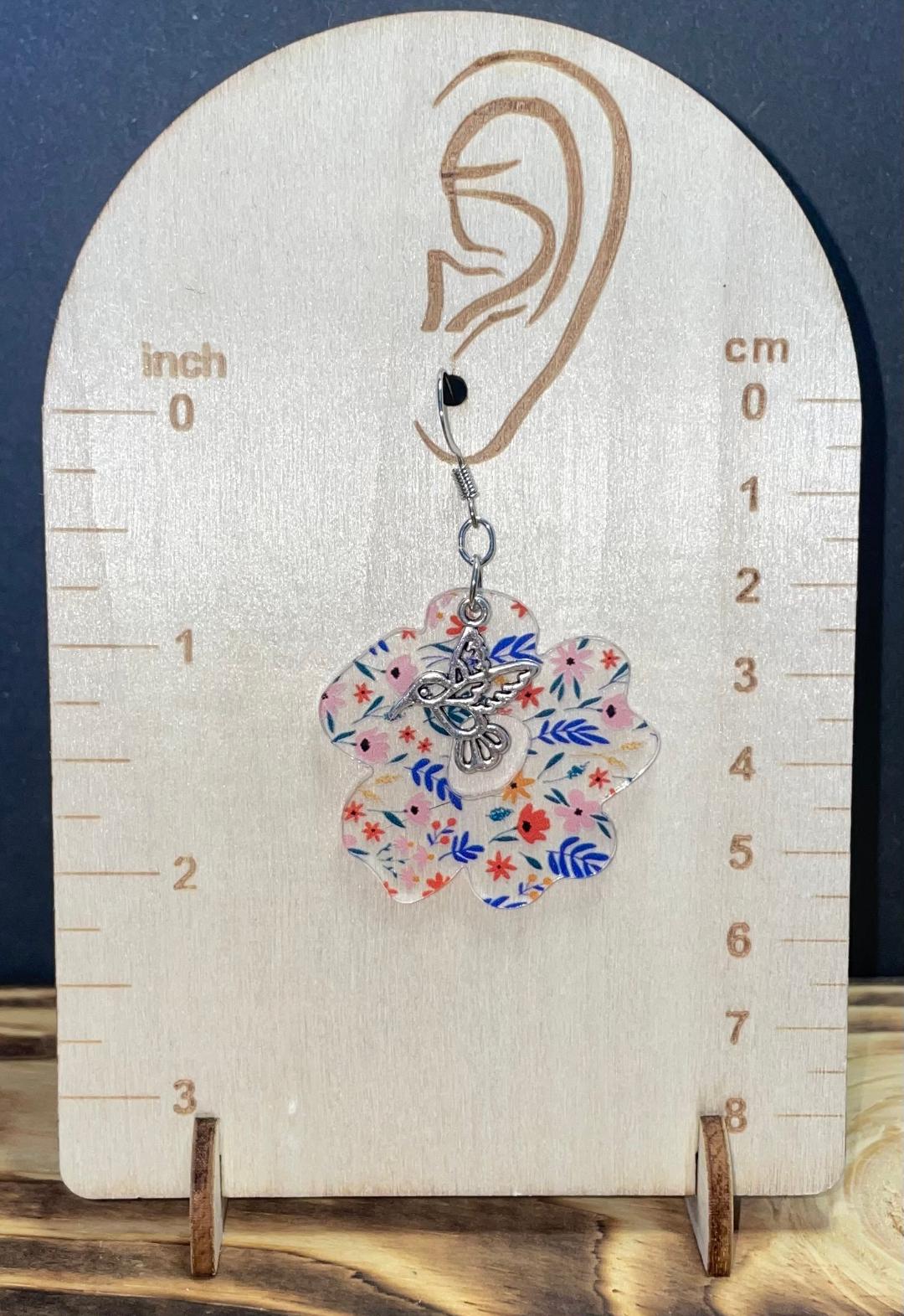 NEW Acrylic Clear Pastel Flower Earrings w/ Hummingbird Accent Charms