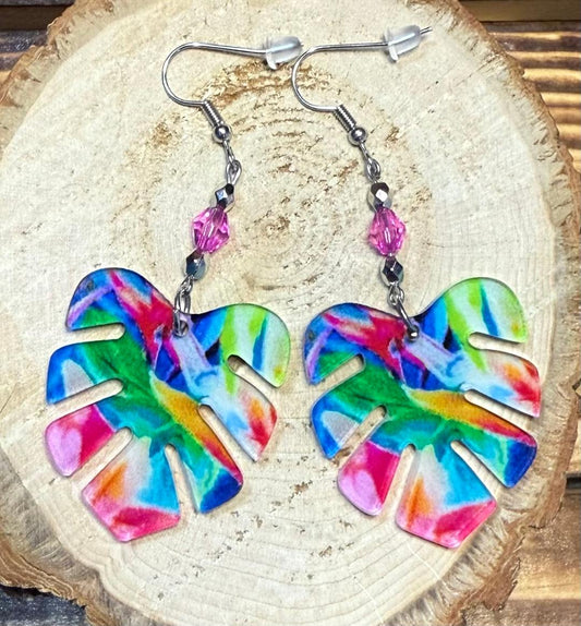NEW Acrylic Tropical Theme Colorful Monstera Leaf w/ Faceted Bead Earrings