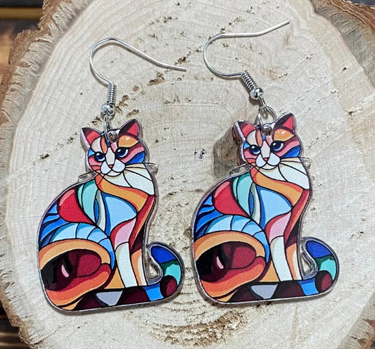 NEW Stained Glass Style Acrylic Colorful Cat Earrings