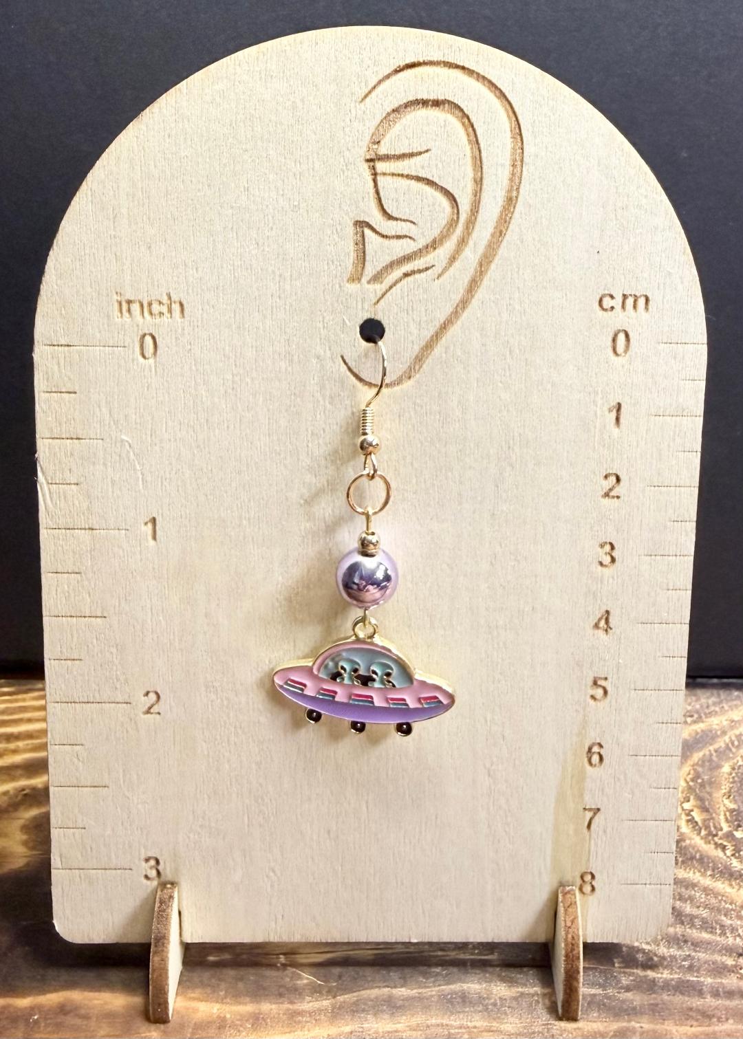 NEW Alien Friends in Spaceship Charm Earrings w/ Purple Beads
