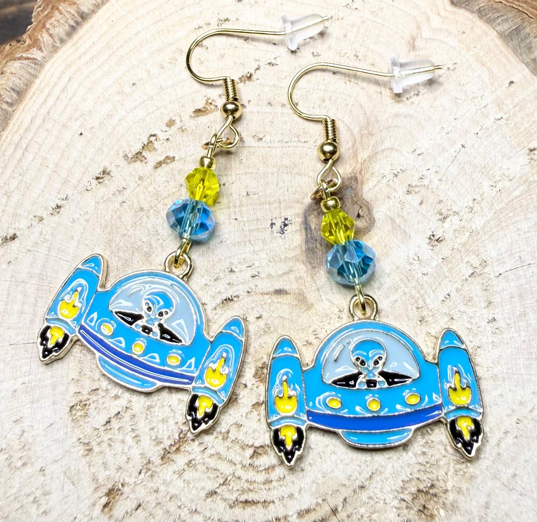 NEW Alien in Teal Blue Spaceship Earrings w/ Glass Beads