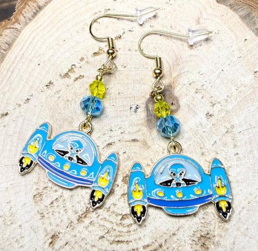 NEW Alien in Teal Blue Spaceship Earrings w/ Glass Beads