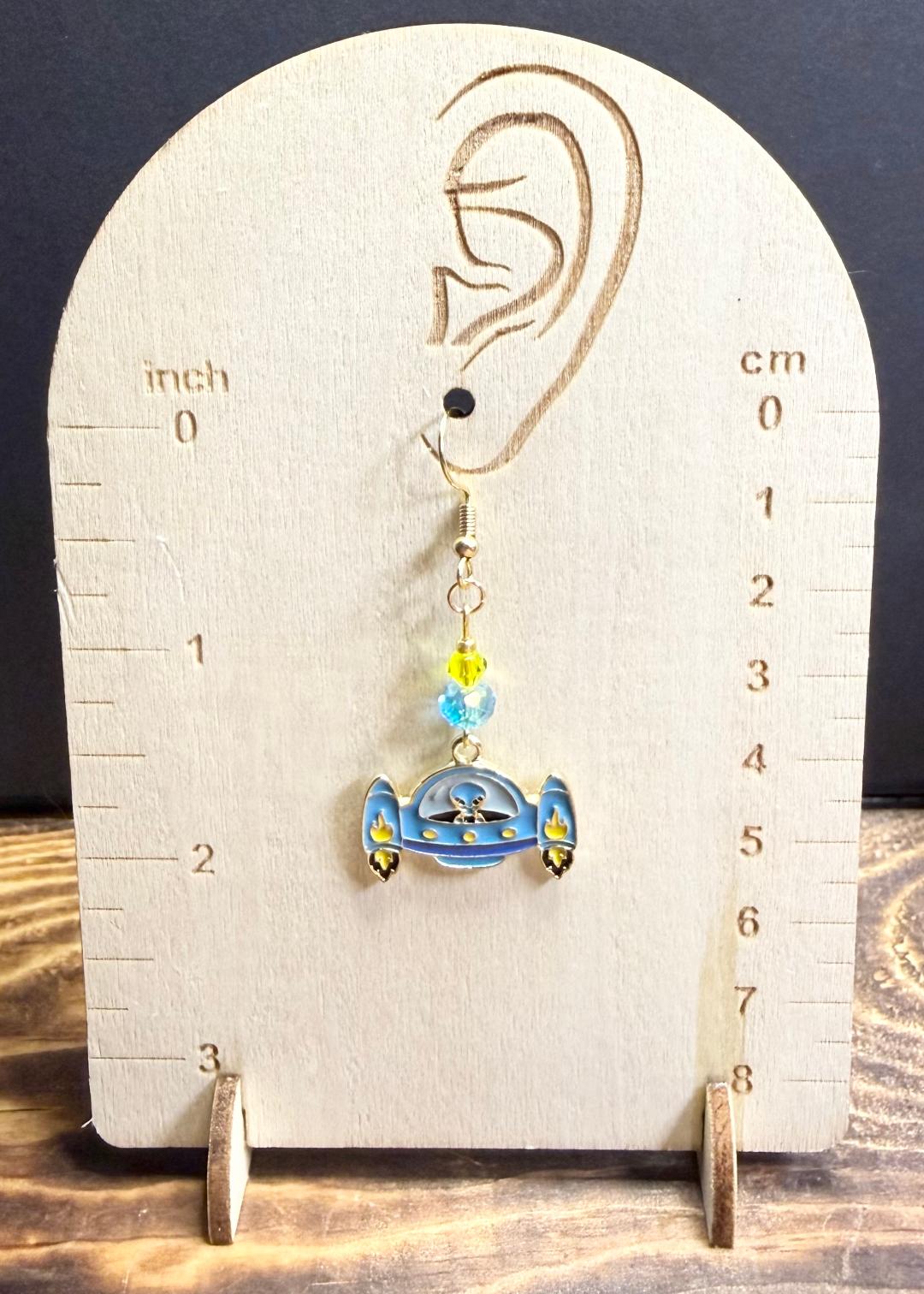 NEW Alien in Teal Blue Spaceship Earrings w/ Glass Beads