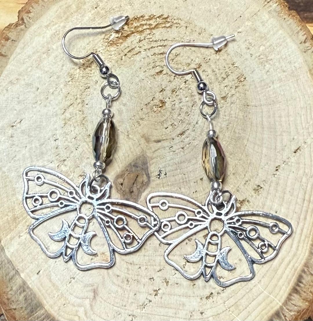 NEW Mystical Butterfly / Moth Charm & Iridescent Faceted Bead Earrings