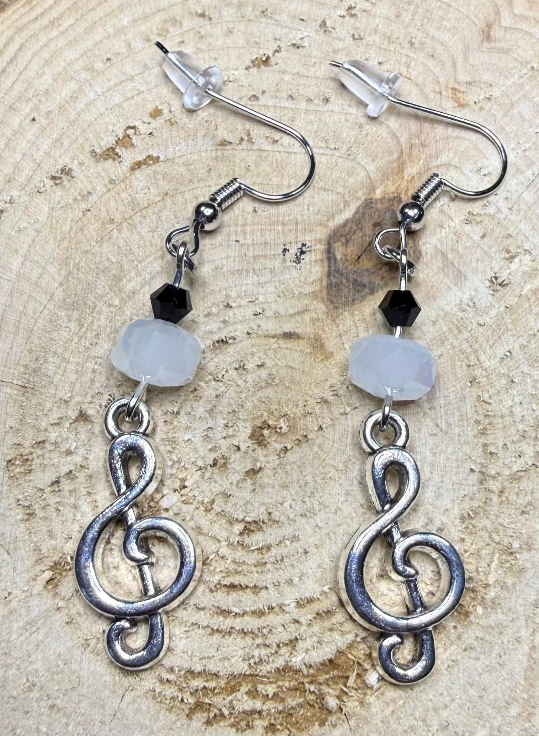 NEW Silver Alloy Musical Note Earrings w/ Black & White Glass Beads