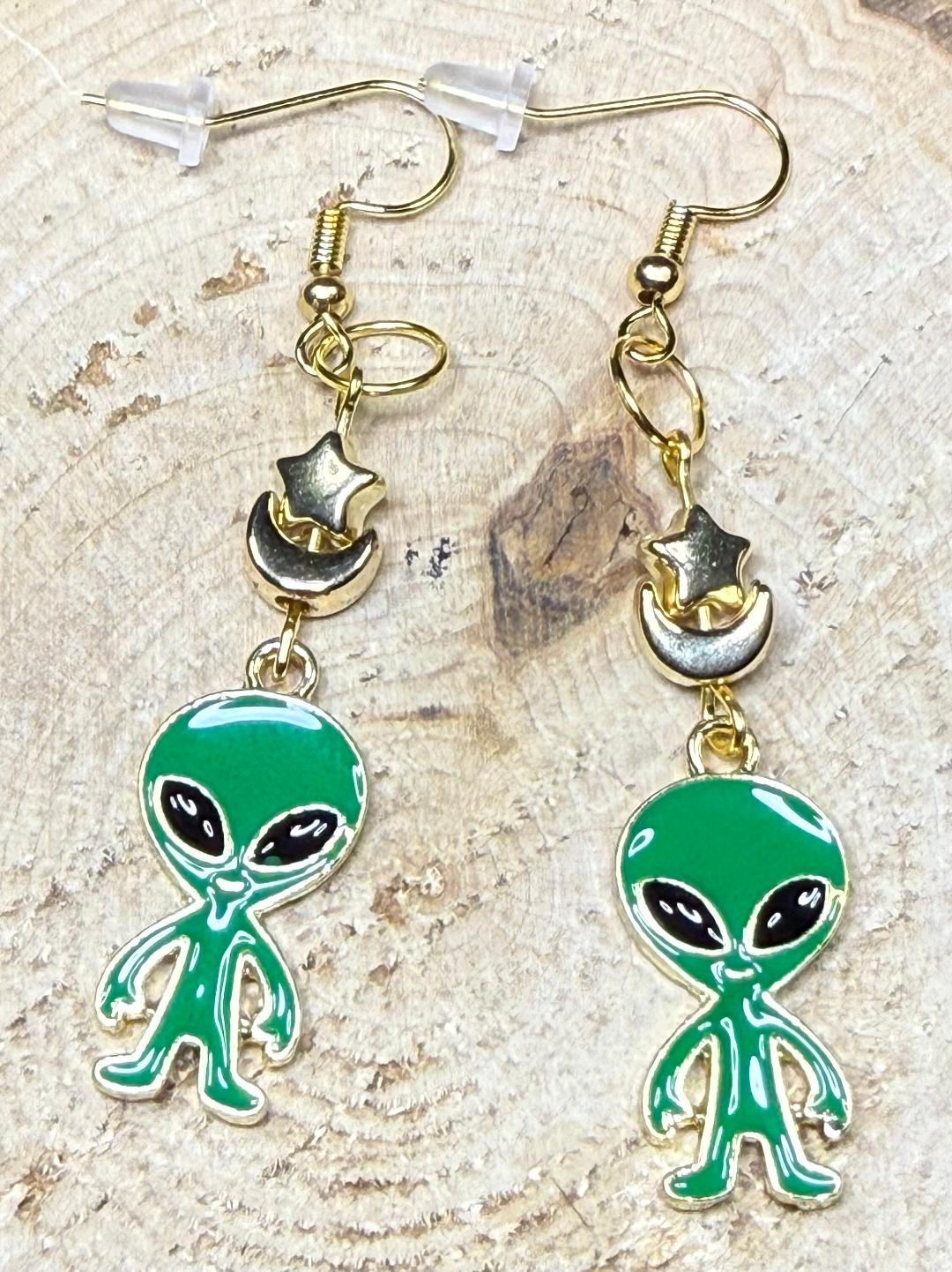 NEW Vibrant Green Enamel Alien Charm Earrings w/ Crescent Moon & Stars