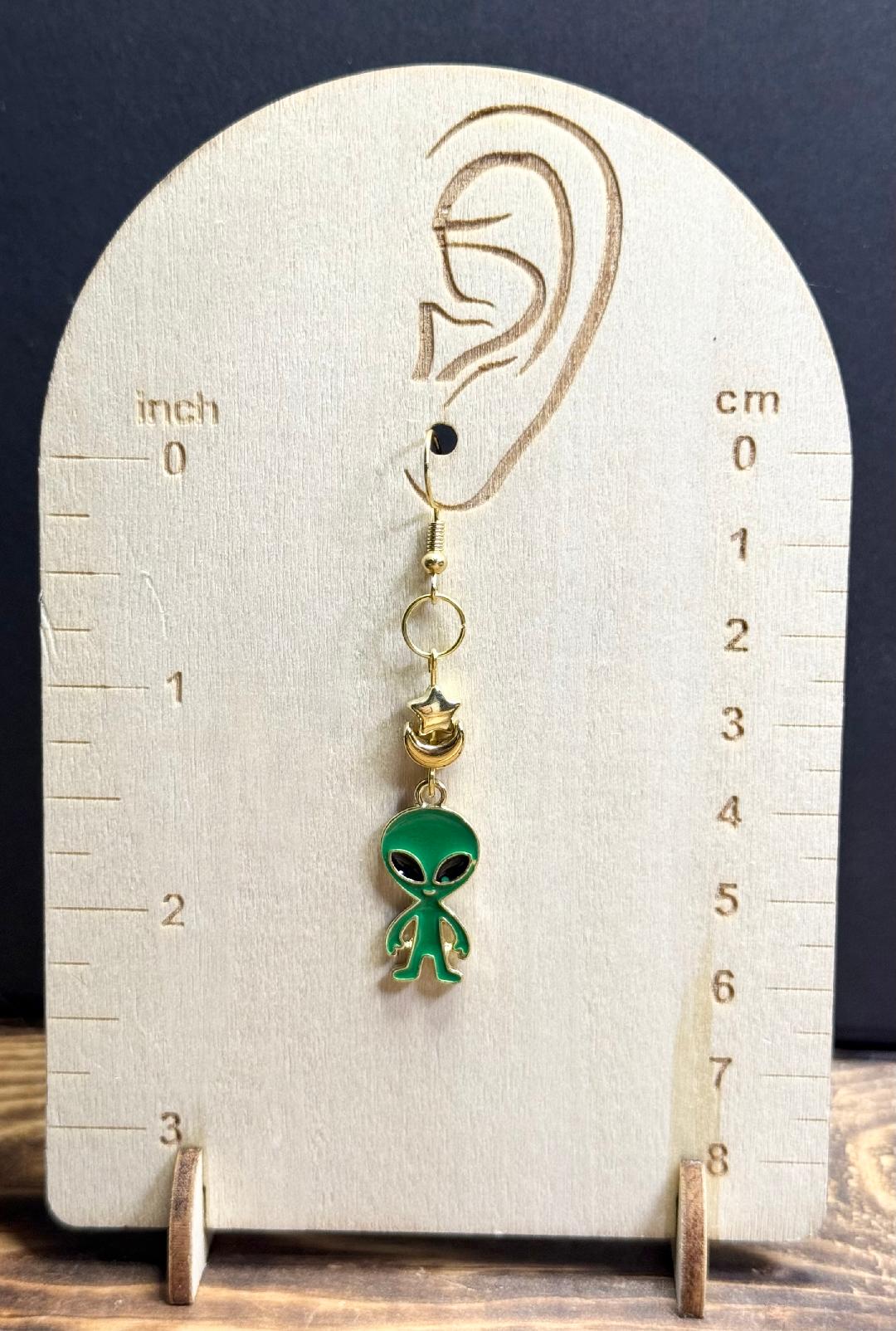 NEW Vibrant Green Enamel Alien Charm Earrings w/ Crescent Moon & Stars