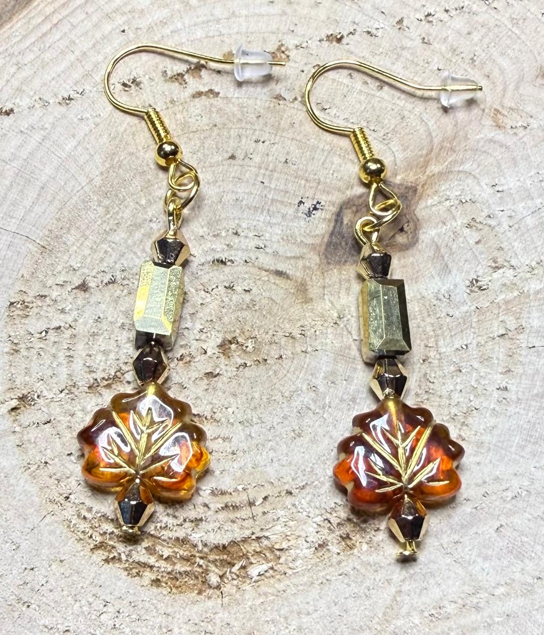 NEW Amber Leaf Charm Earrings w/ Glass Rectangle Beads