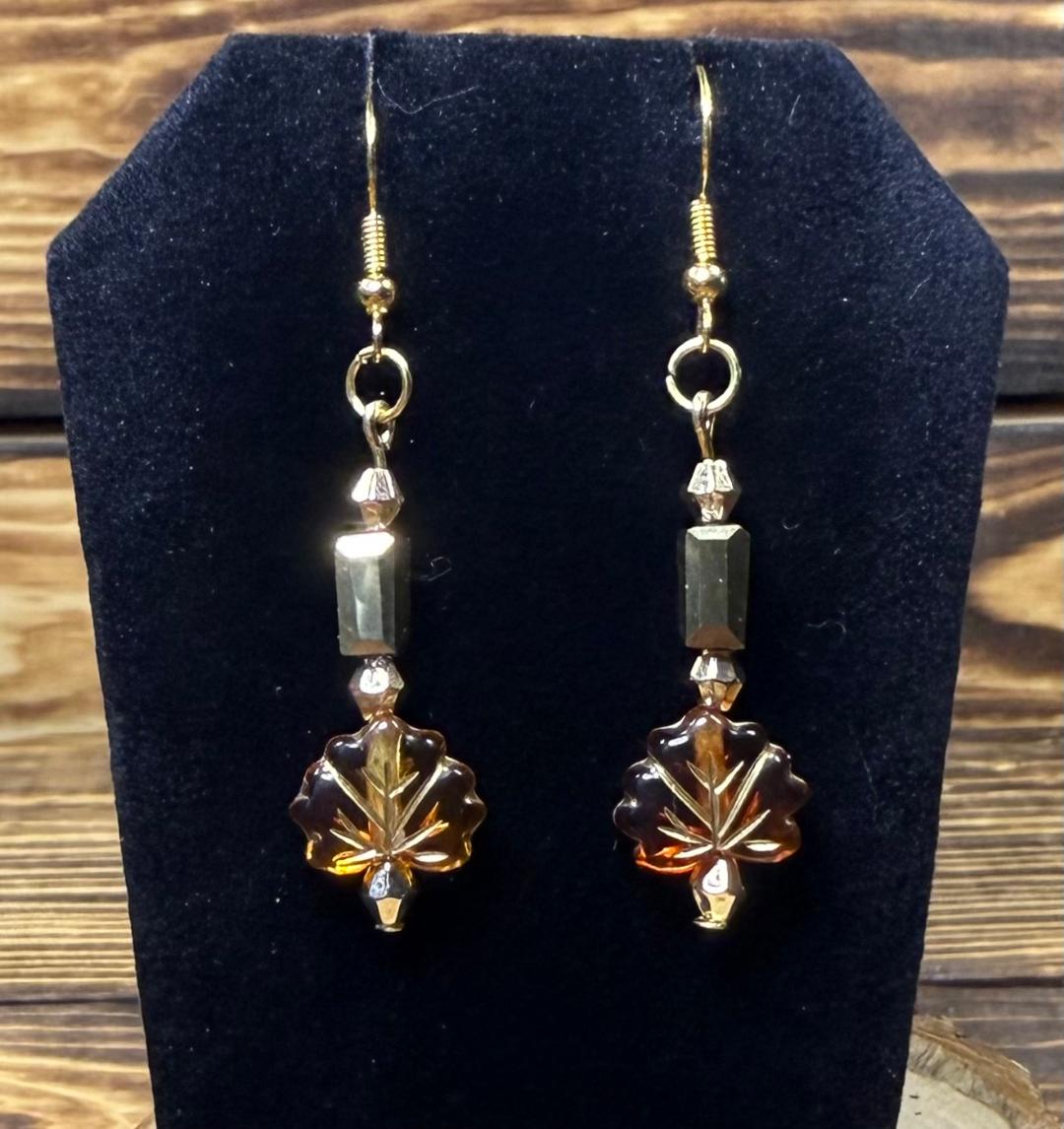 NEW Amber Leaf Charm Earrings w/ Glass Rectangle Beads