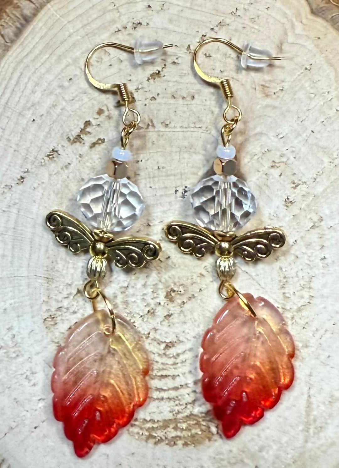 NEW Amber Leaf & Butterfly Wings Earrings w/ Large Faceted Beads