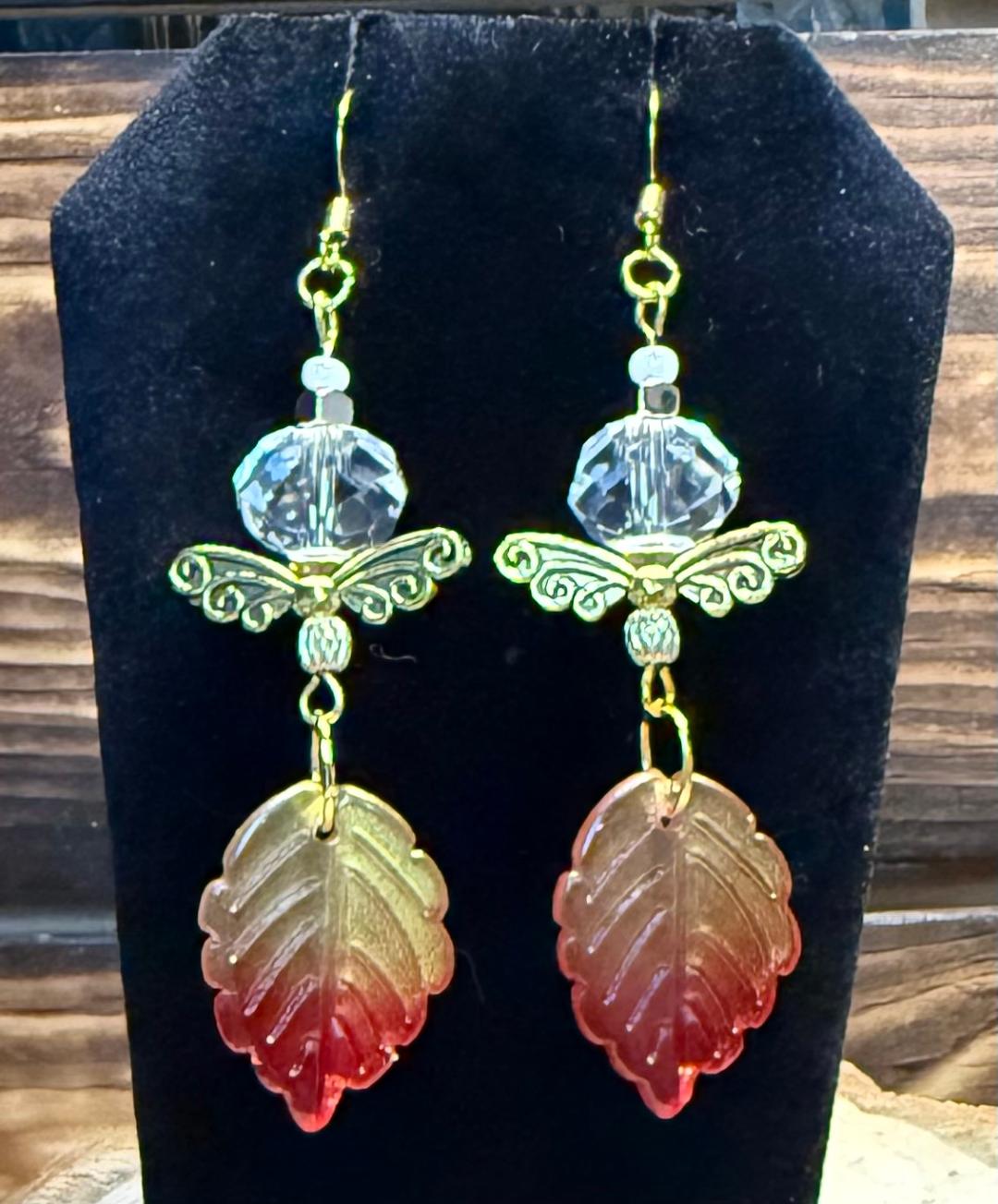 NEW Amber Leaf & Butterfly Wings Earrings w/ Large Faceted Beads