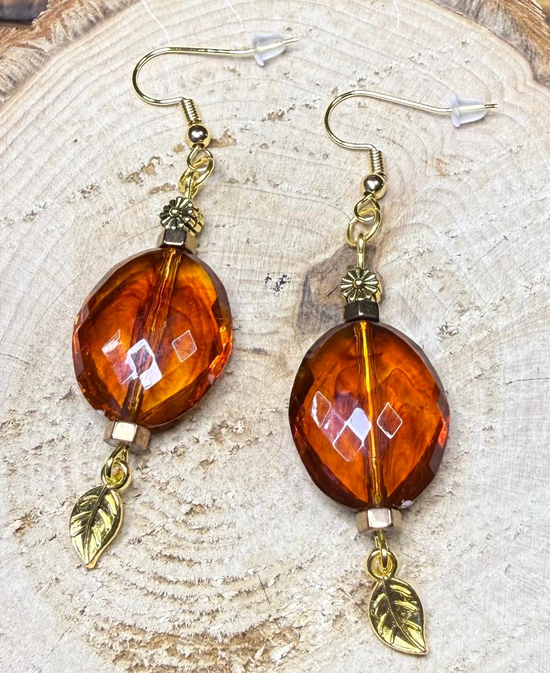 NEW Oval Amber Acrylic Faceted Bead Earrings w/ Leaf Charms