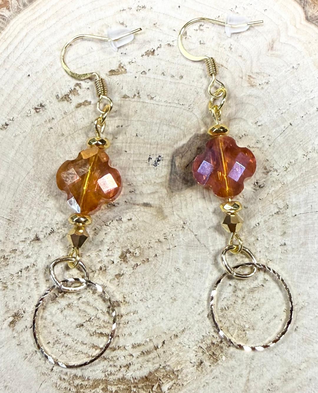 NEW Amber Quatrefoil Pattern Glass Bead w/ Gold Etched Ring Earrings
