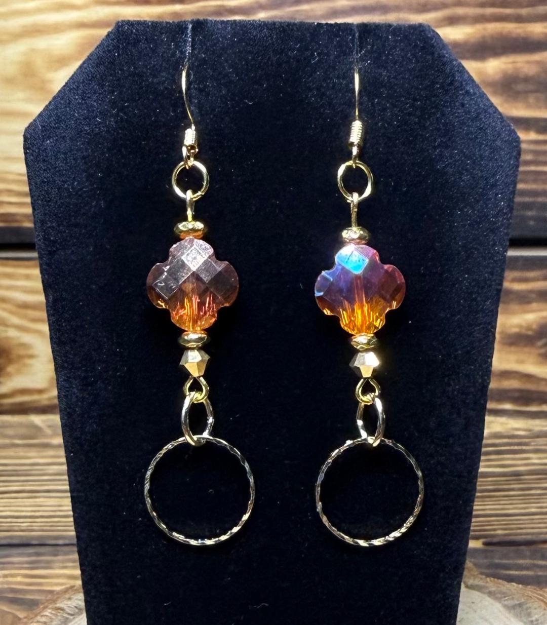NEW Amber Quatrefoil Pattern Glass Bead w/ Gold Etched Ring Earrings