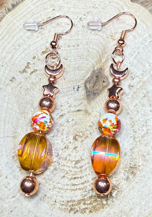 NEW Boho Rose Gold & Amber Earrings w/ Glass & Speckled Beads