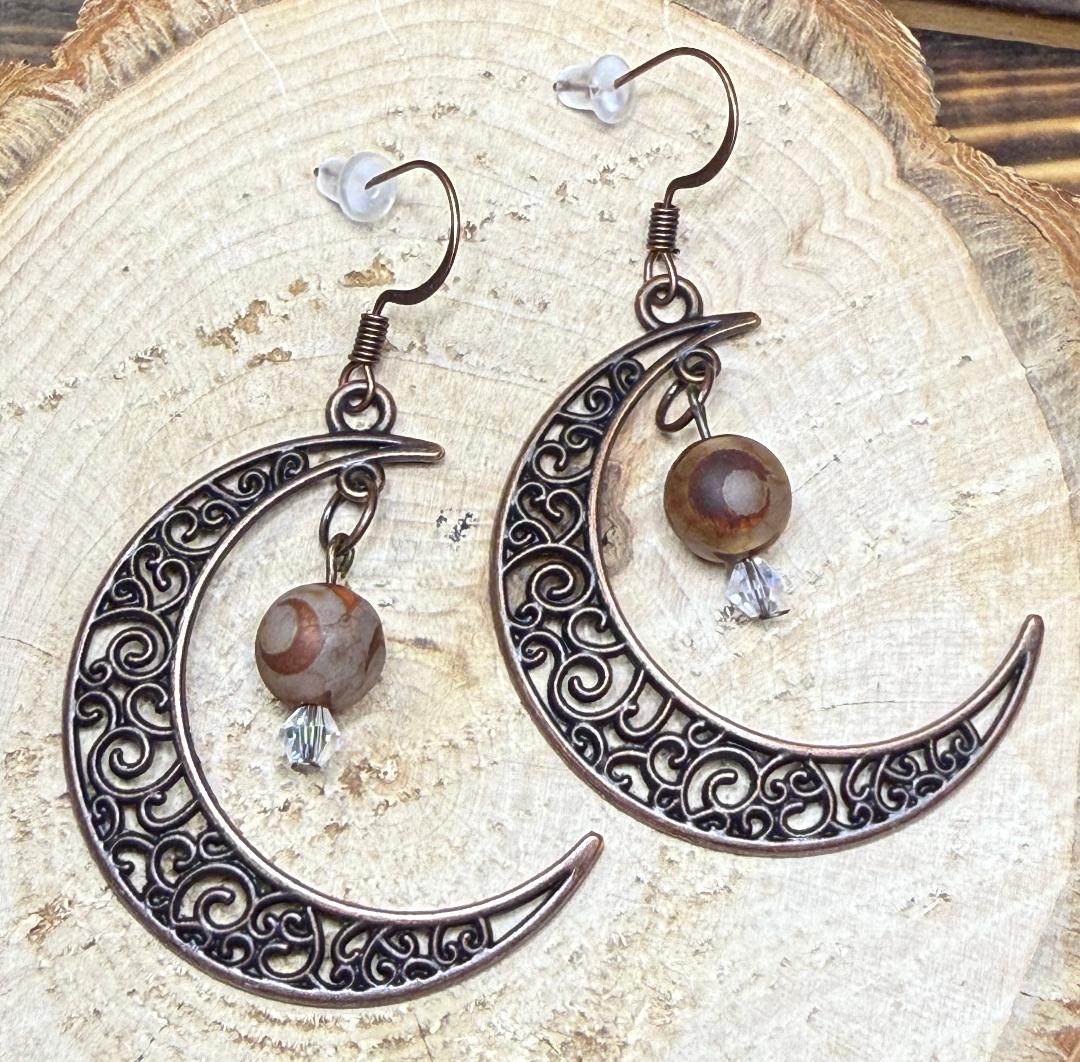 NEW Antique Bronze Filigree Crescent Moon Earrings w/ Agate & Glass Beads