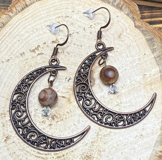 NEW Antique Bronze Filigree Crescent Moon Earrings w/ Agate & Glass Beads