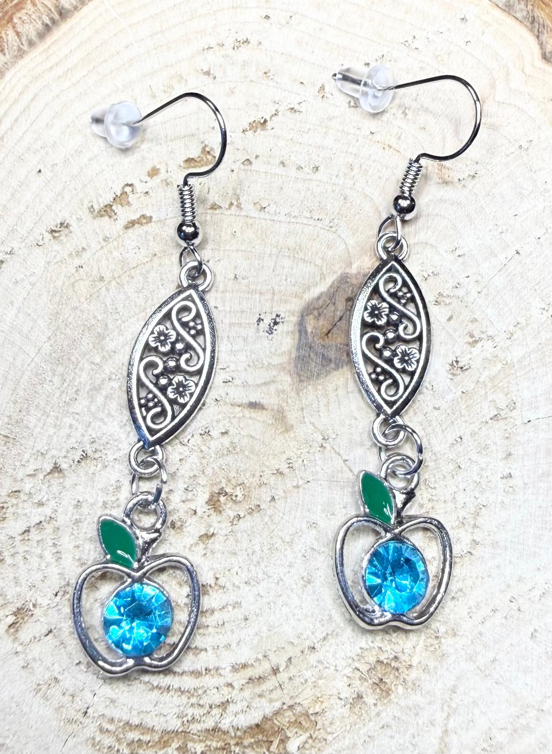 NEW Apple Earrings w/ Teal Rhinestone Center & Filigree Charms