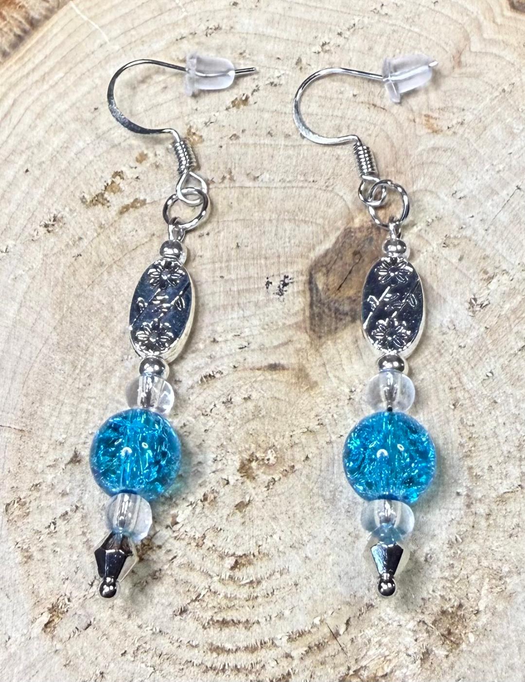 NEW Aqua Blue Glass Bead & Flower Etched Bead Earrings