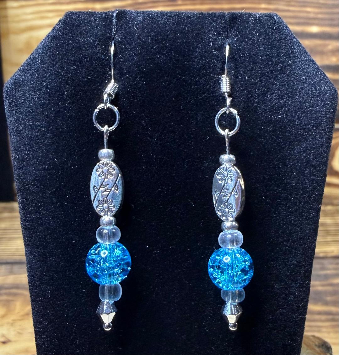 NEW Aqua Blue Glass Bead & Flower Etched Bead Earrings