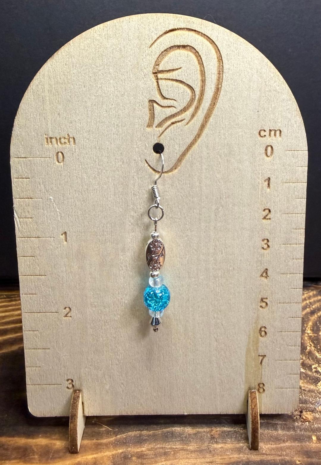 NEW Aqua Blue Glass Bead & Flower Etched Bead Earrings