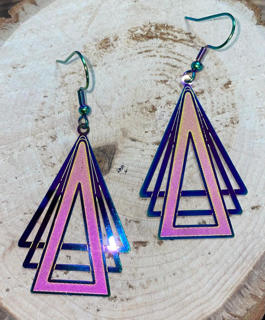 NEW Art Deco Triangle Iridescent Laser Cut Drop Earrings